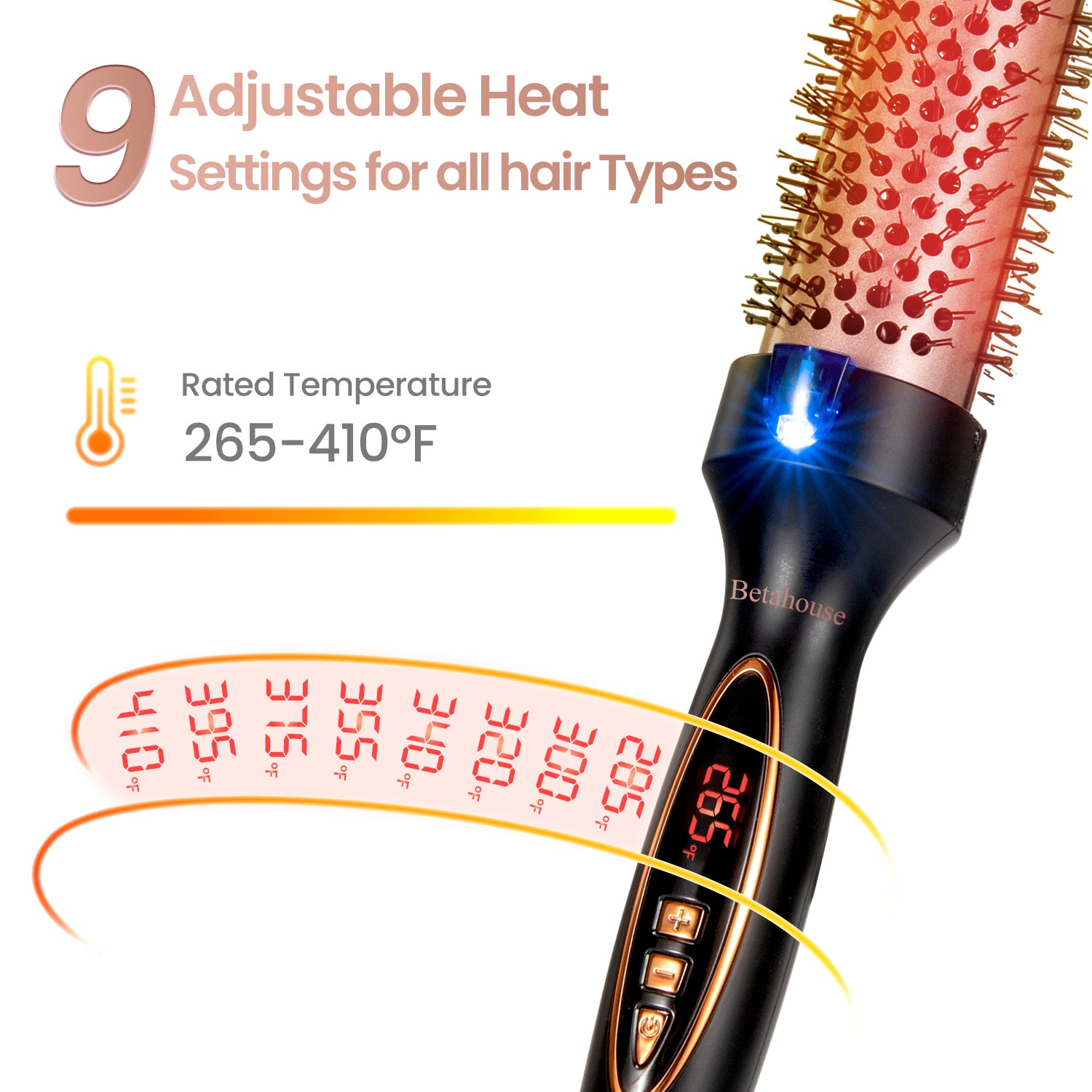 Betahouse Thermal Brush for Blowout Look Heated Round Brush Hair Straightening Curling Styling, Quick Heating Round Brush with 9 Heat Temps Hot Curling Iron Brush 1.5 Inch, Dual Voltage